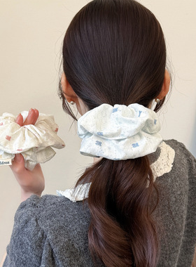 法式温柔白色印花大肠发圈扎马尾头绳发饰慵懒高级感头绳时尚皮筋