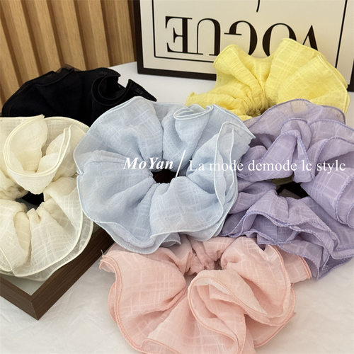 韩版多层褶皱木耳边大肠发圈氛围感格纹纹理头花慵懒气质发绳头绳