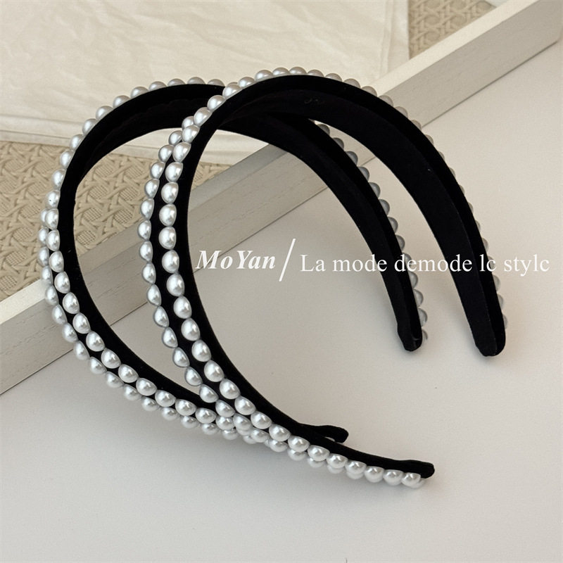 韩版小香风双排珍珠丝绒宽发箍高级感气质百搭头箍简约时尚压发卡