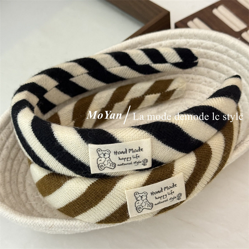 韩版斜条纹毛线针织海绵发箍小熊布标高颅顶头箍简约气质外出发卡