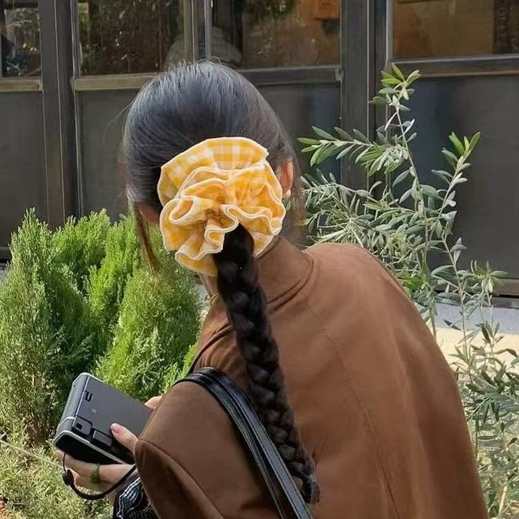 韩系黄色格子四层大肠发圈女高级感丸子头麻花辫超大简约发饰头绳