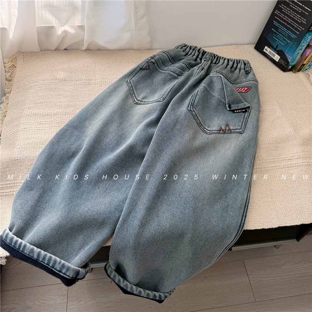 MILK KIDS.男童加绒加厚冬装牛仔裤男孩宽松纯棉一体绒裤子童装暖