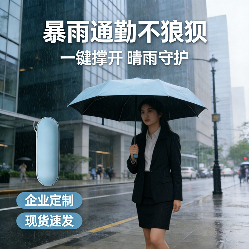 通勤纯色五折伞白领晴雨两用伞简约折叠伞黑胶可小巧时尚现货