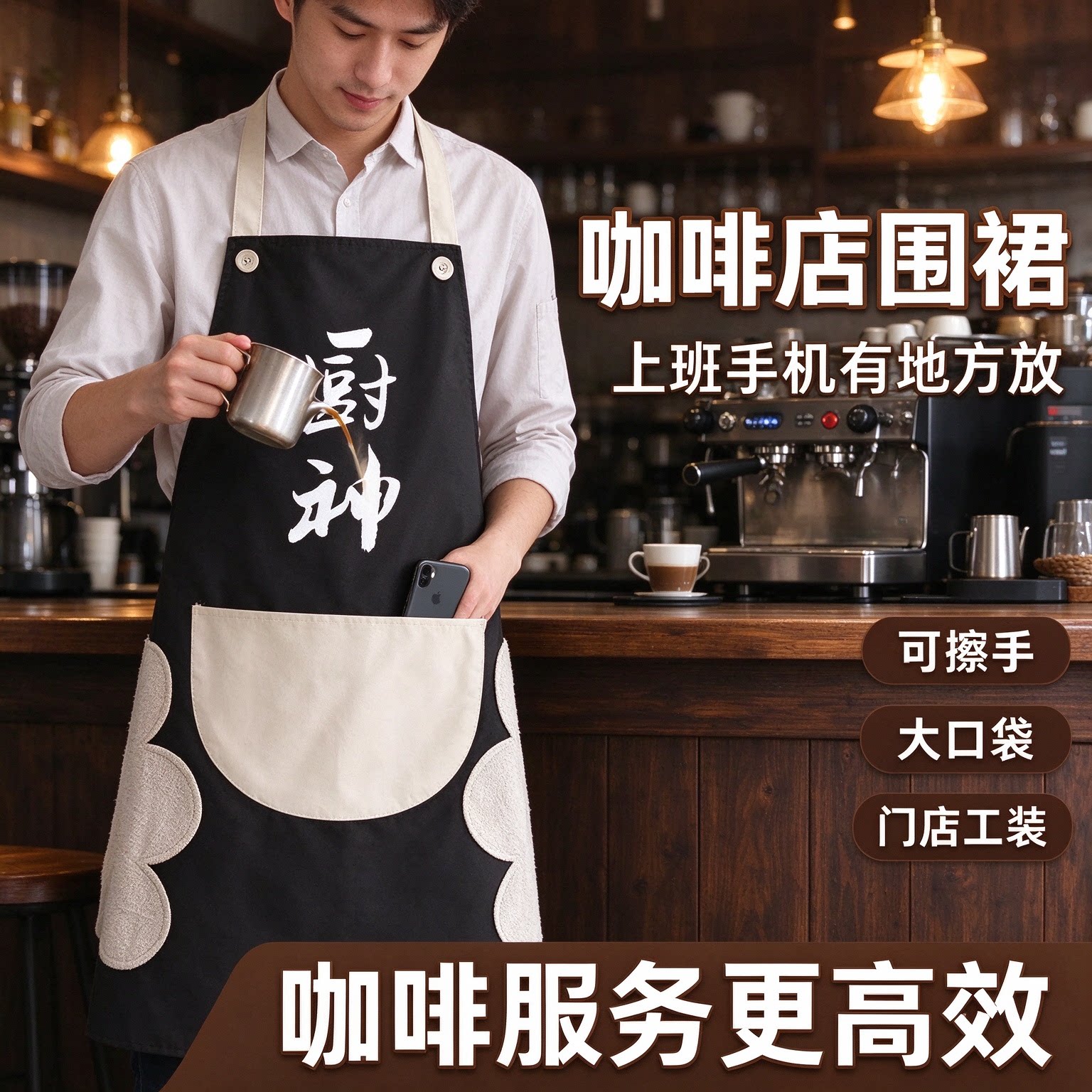 简约创意文字围裙防水防油污侧边擦手巾家用烘焙工作围裙