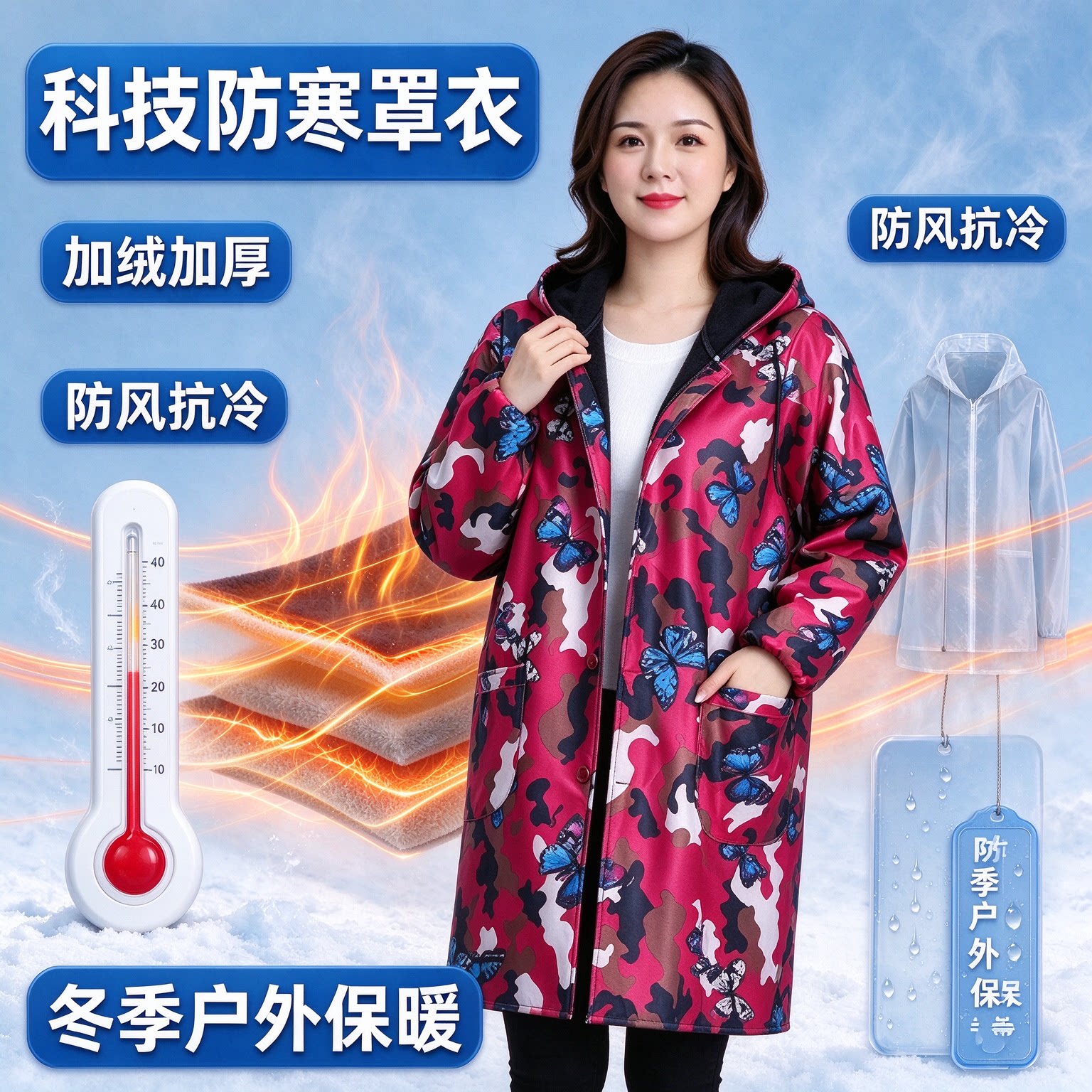 秋冬女士连帽加绒罩衣长款花色外套家用厨房防脏耐磨保暖防尘