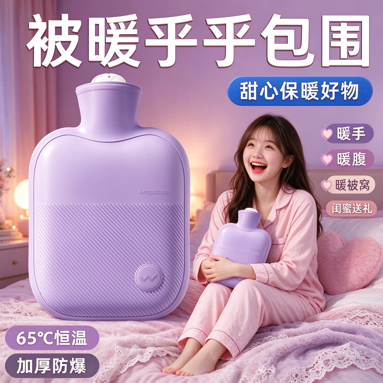 家用注水式热水袋柔软亲肤防爆内胆配毛绒布套便携暖肩暖腰冬季