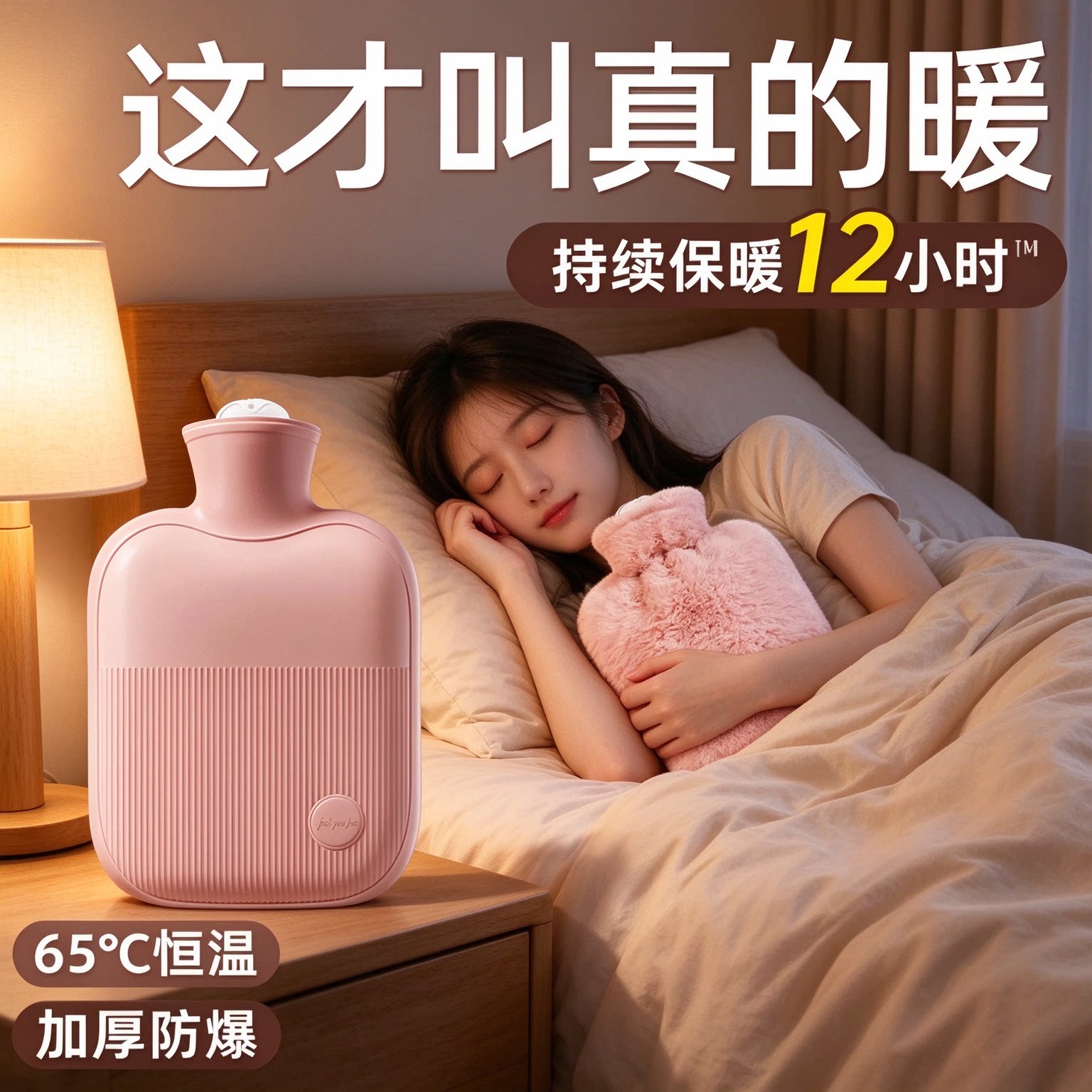 可爱粉色注水热水袋加厚安全内胆可拆洗长毛绒套生理期暖肚子