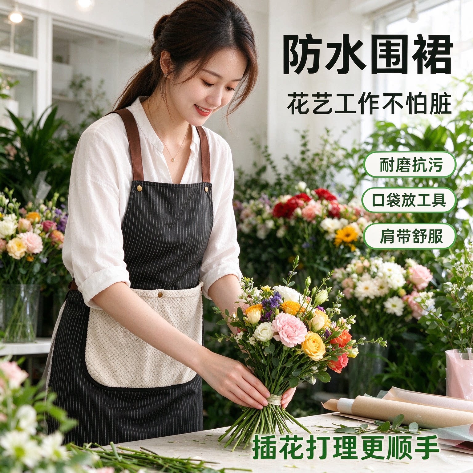 大容量口袋条纹围裙可擦手防水防油烘焙美容花店服务工作服