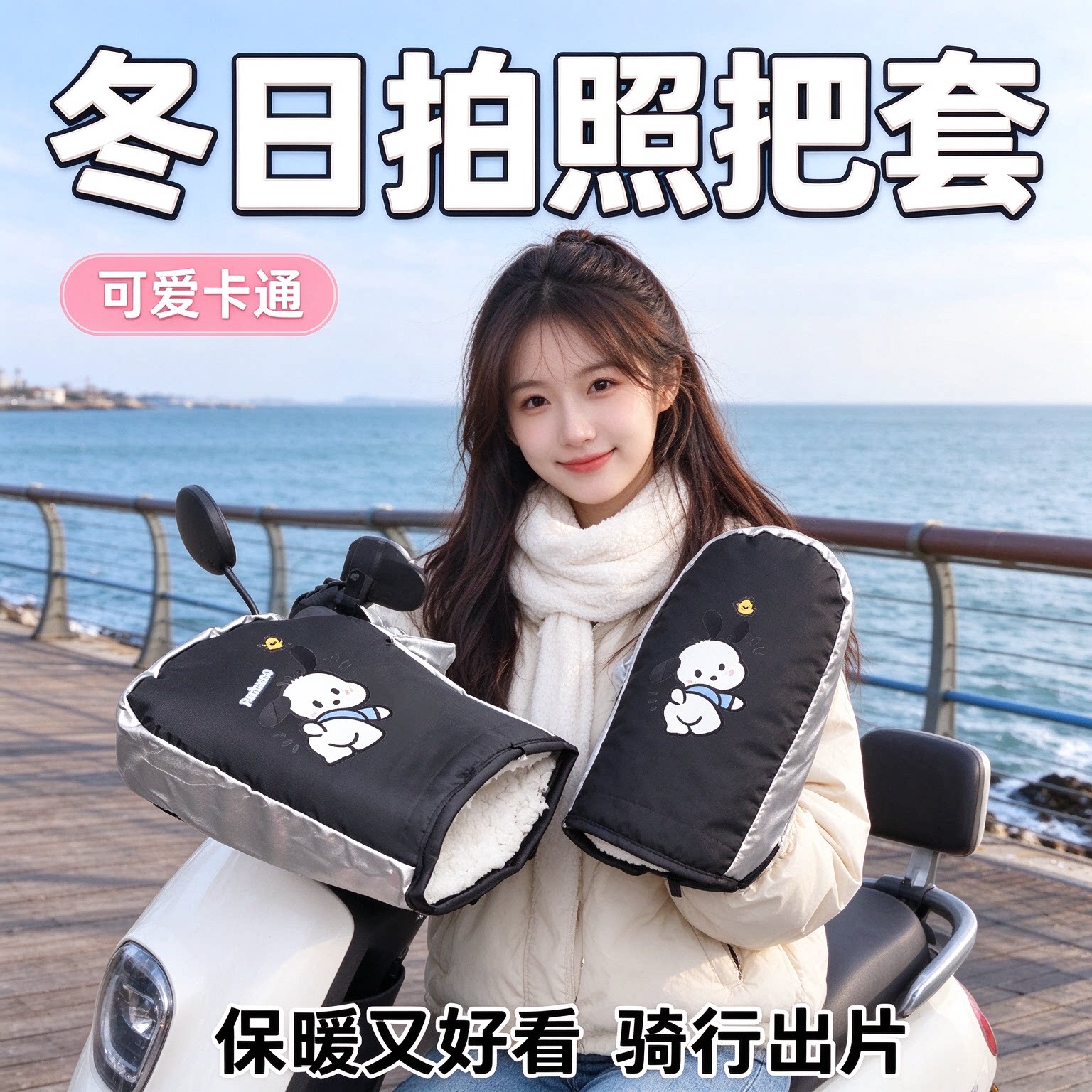 电动车保暖把套冬季加绒防水电瓶车护手加厚防风摩托车手套卡通款