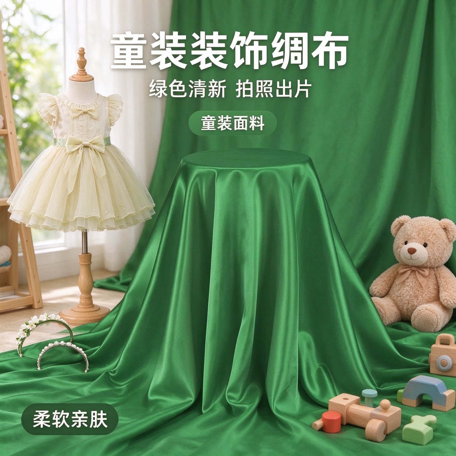 绿色色丁绸缎加密面料光泽均匀礼服内衬手工 DIY 摆件背景