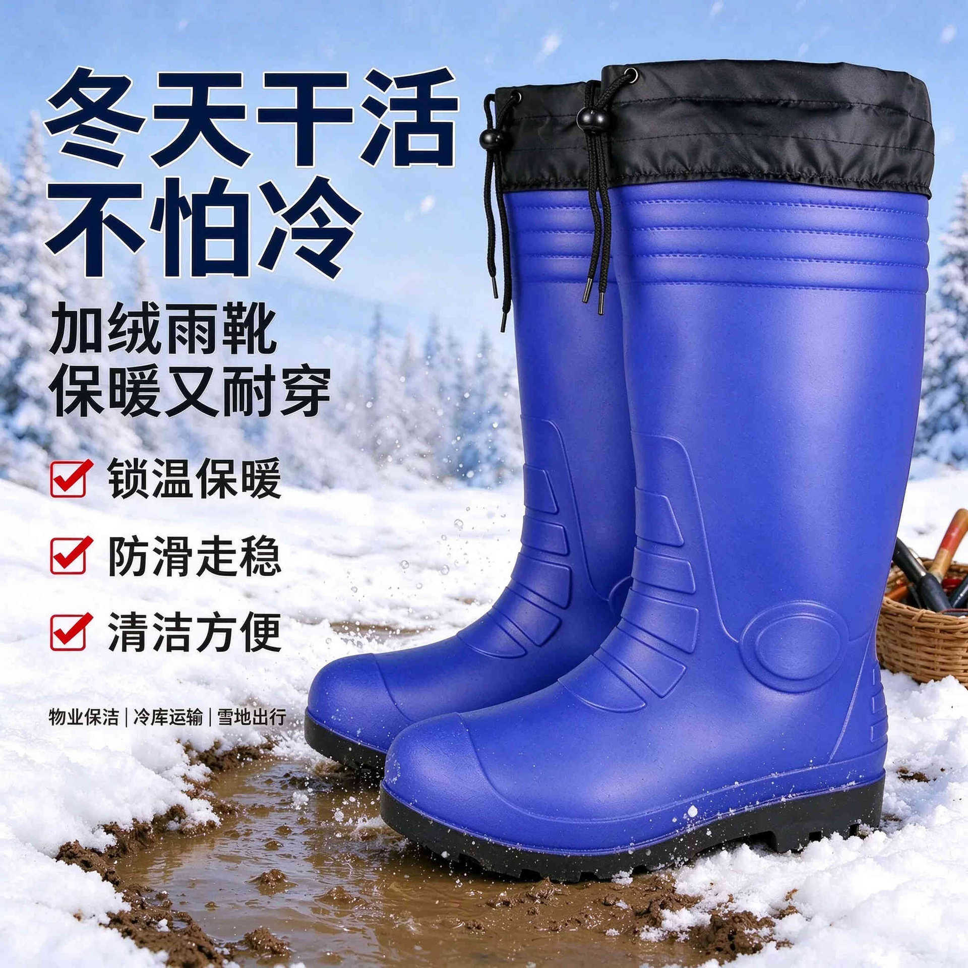 冬季男士大码加绒防滑中筒雨靴