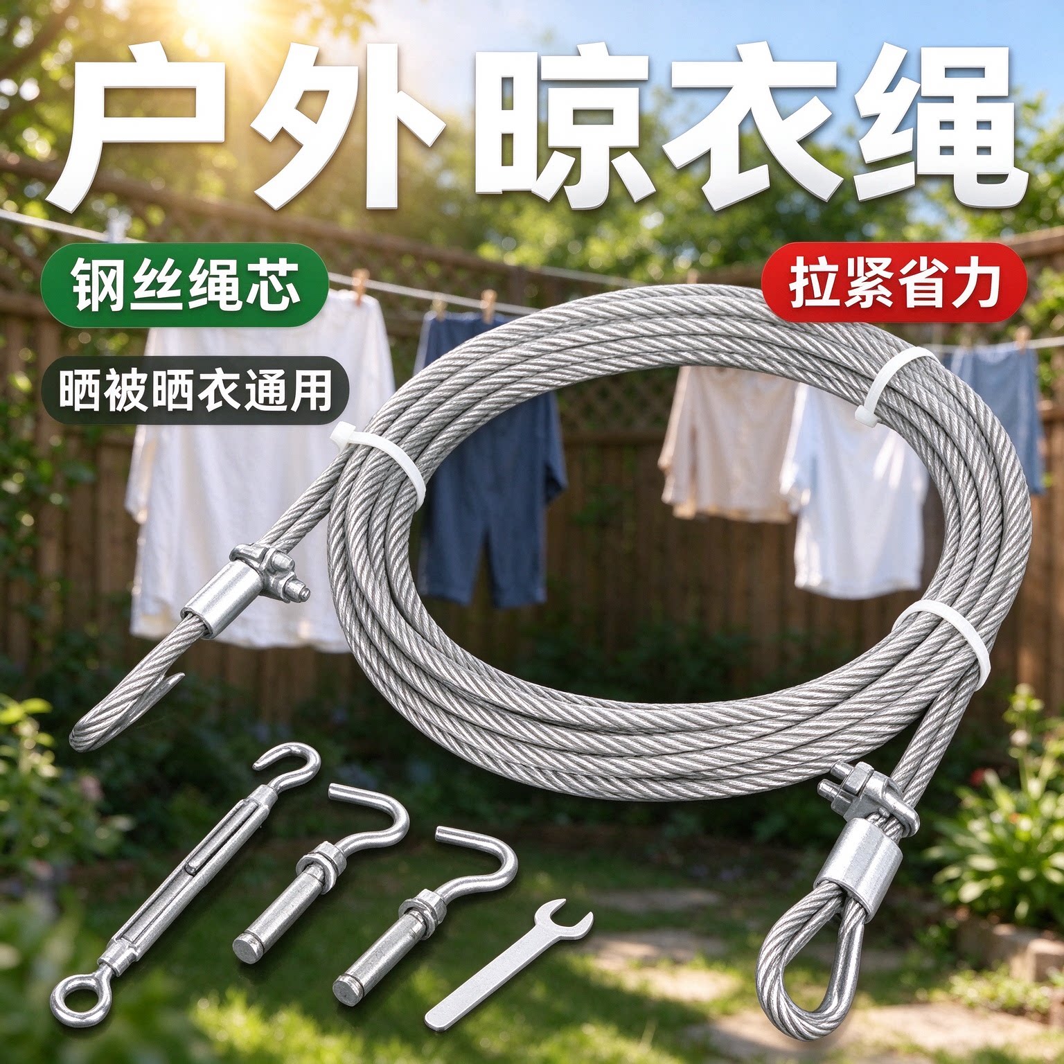 加厚不锈钢晾衣钢丝绳套装阳台户外通用防锈承重好自带挂钩螺丝