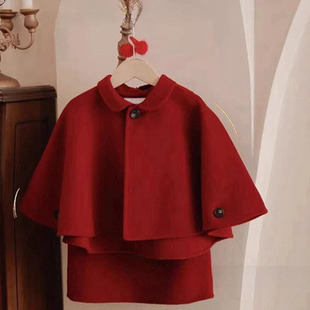 喜庆~2026新年女童斗篷蝴蝶结裙子套装宝宝洋气生日礼服呢子大衣