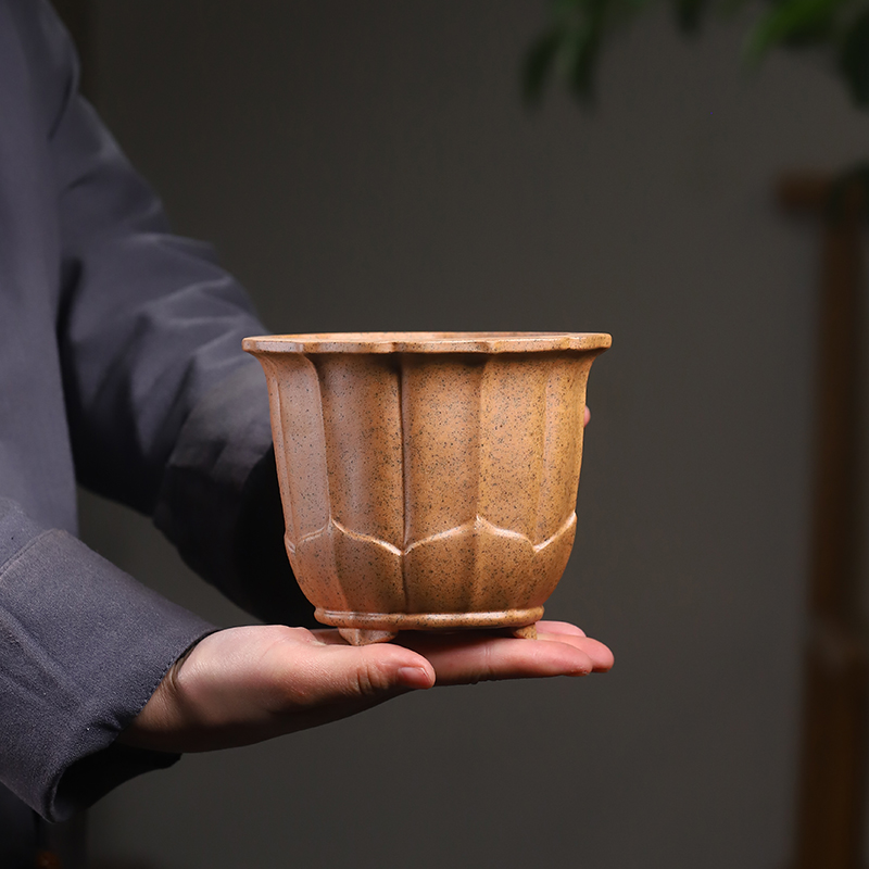 清香阁 宜兴紫砂盆 唯珍手工柴烧 小型兰花盆 桌面植物花器菱花金