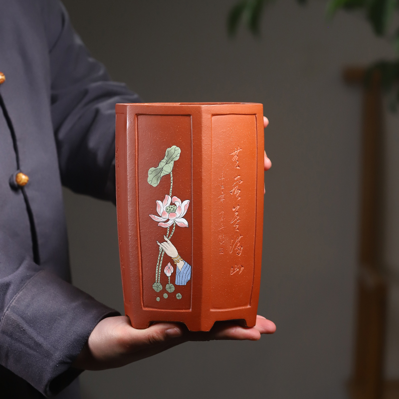 清香阁 降坡泥彩绘凹面六方 匠人手工桌面兰花盆植物花器宜兴紫砂