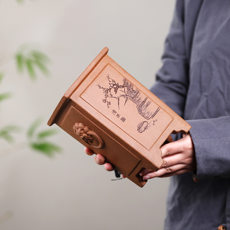 清香阁宜兴紫砂花盆降坡泥春兰花盆正方形四方盆景盆小悬崖桩花器