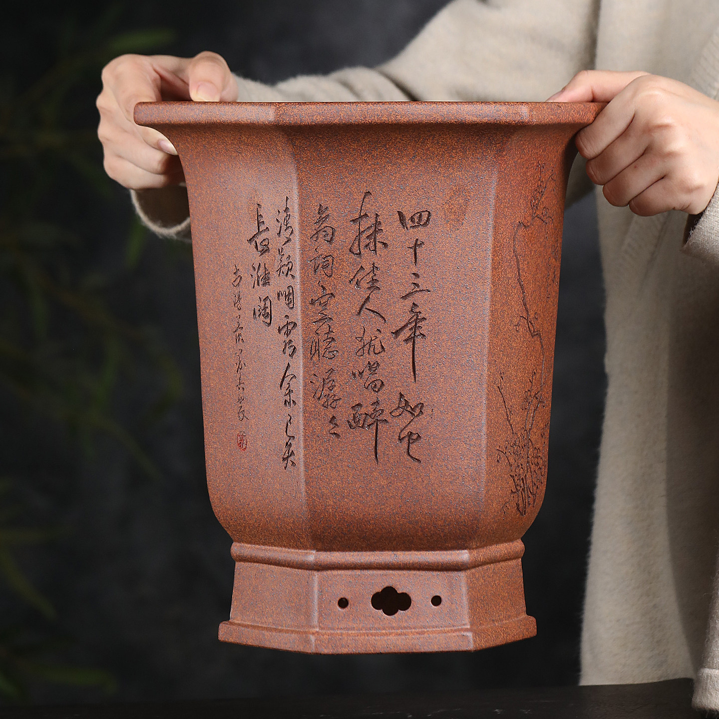 清香阁紫砂柴烧宫式六方花盆复古手工大号种植盆蕙兰墨兰桌面花器