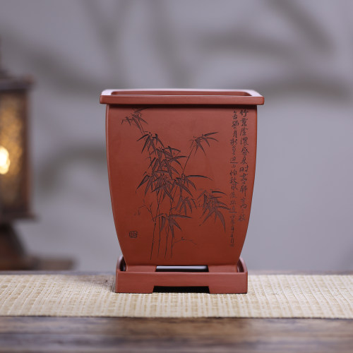 全手工高脚四方紫砂花盆原配底座
