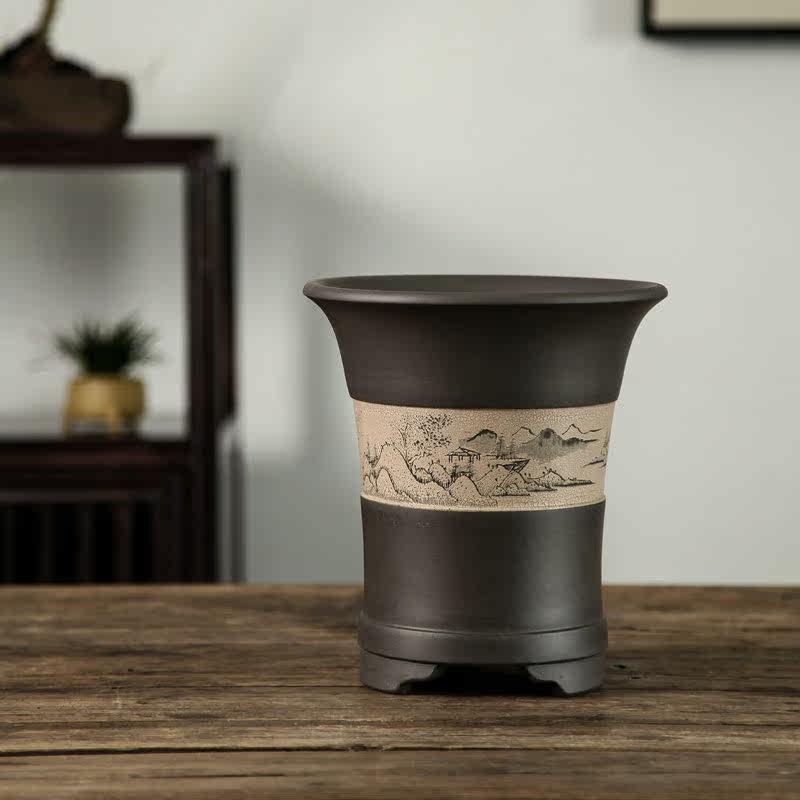 宜兴原矿紫砂 李超新款通刻山水精品春兰建兰手工透气兰花盆包邮