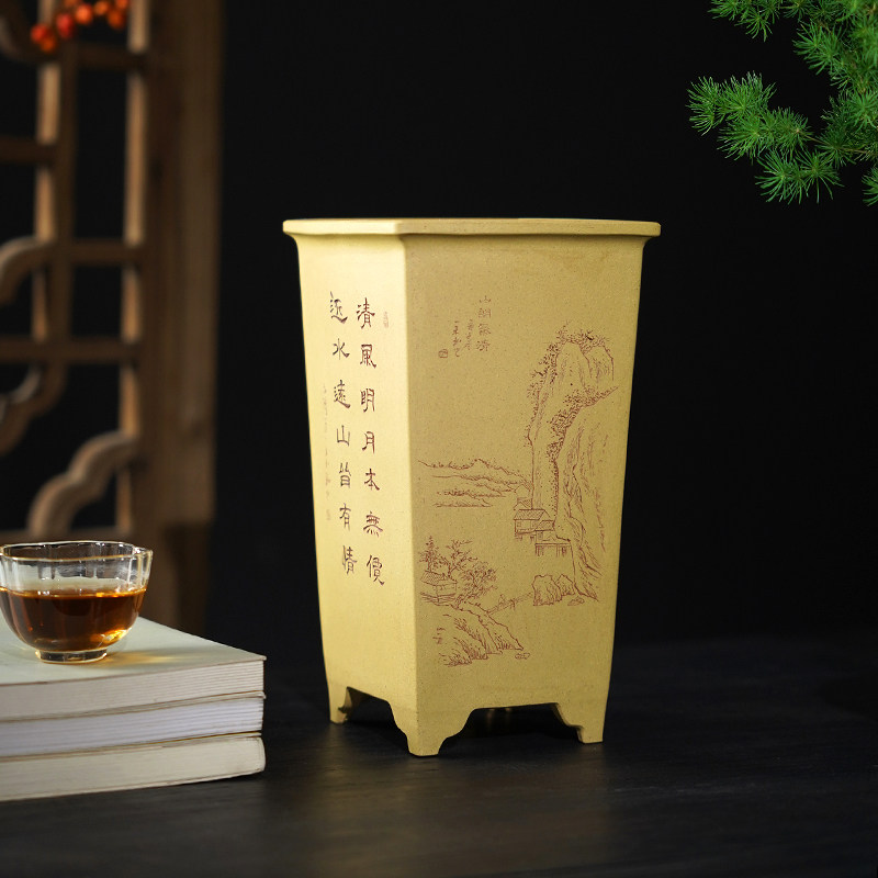 清香阁紫砂花盆 原矿段泥高足签筒 一禾陶刻全手工四方桌面春兰盆