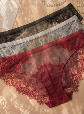 法式高级感红色蕾丝花边三角裤本命年透明内裤裆抗菌薄款透气女生