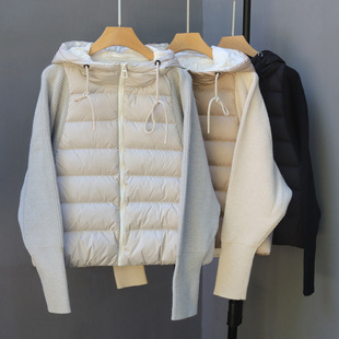 轻薄针织毛衣袖拼接羽绒服女短款假两件2025冬季新款白鸭绒外套潮