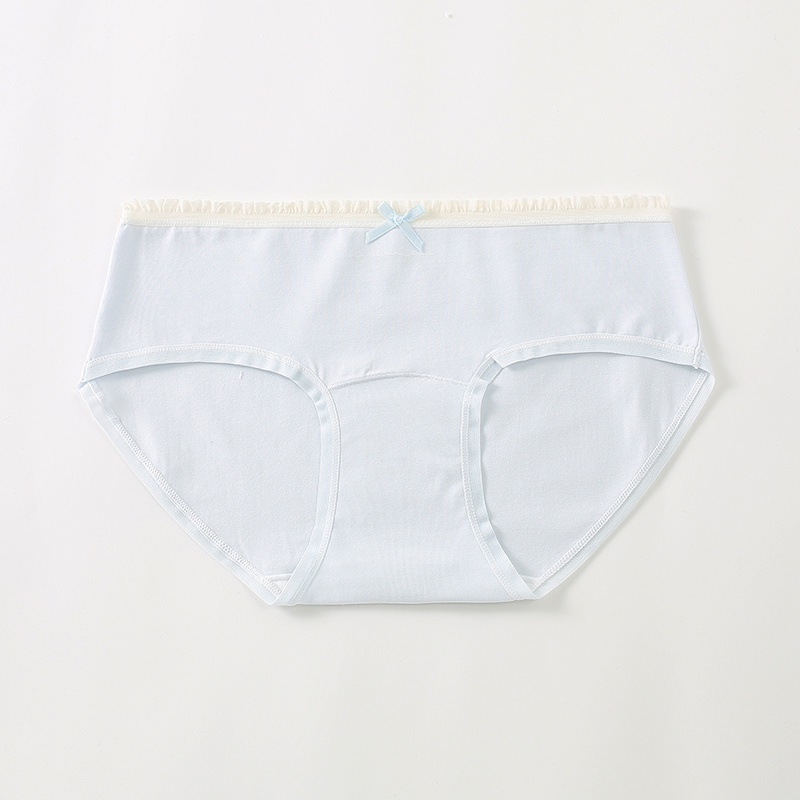 5条99元 舒适纯棉女士内裤蓝色花边蝴蝶结加长裆中腰少女包臀内裤