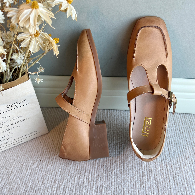 林印象方头文艺复古擦色单鞋