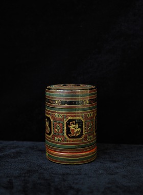 孤品中古日本制实木大漆手绘麒麟满图腾纹线香收纳桶 装饰收纳盒