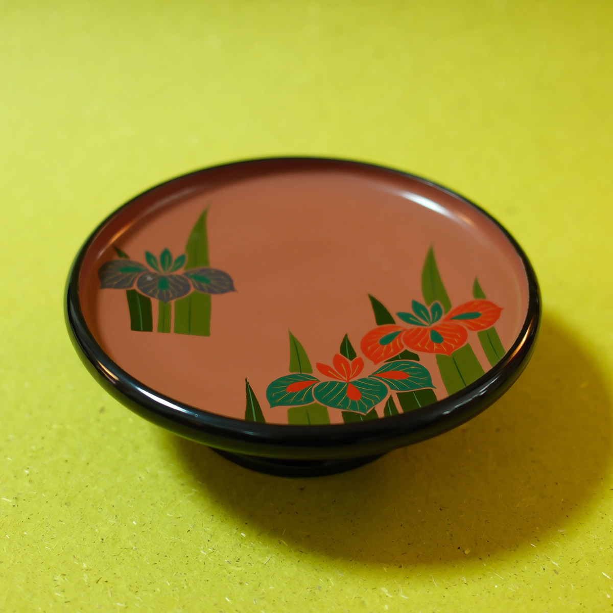 中古日本制实木大漆山中涂手绘鸢尾花粉涂高台茶盘 壶承 点心盘