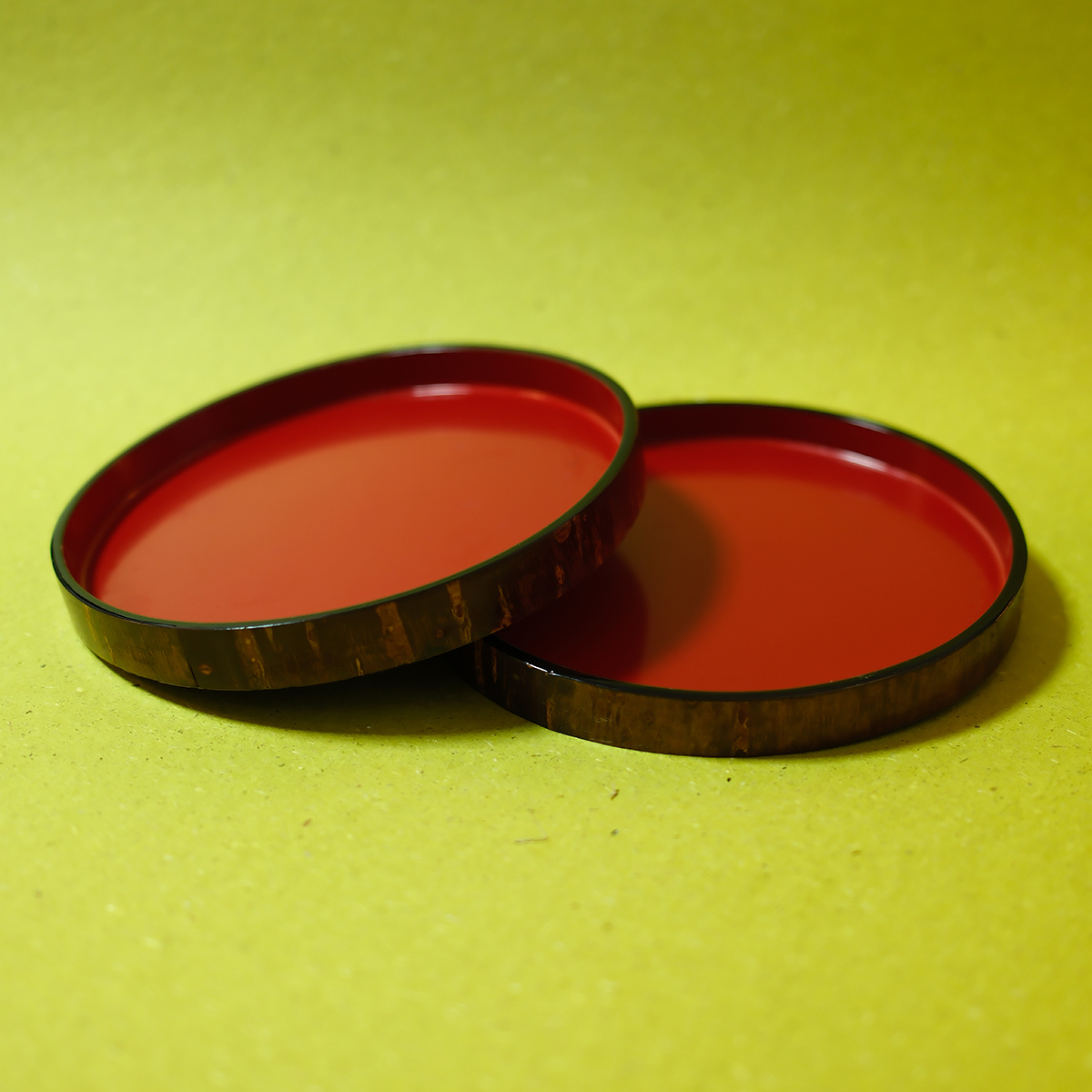 双子商店 中古日本制实木大漆贴樱皮朱涂圆形茶盘 壶承