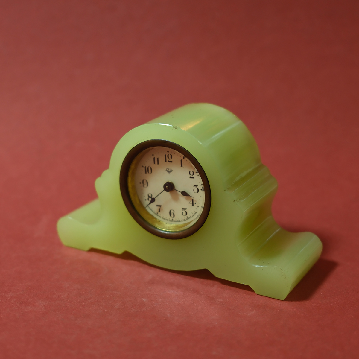 孤品中古日本昭和时期手工玉石材质嵌黄铜精工机械座钟 钟表摆件