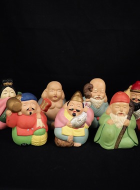 双子商店 孤品中古日本制彩色手绘七福神系列人物陶制装饰摆件