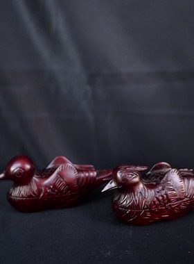 双子商店 孤品中古日本制手工红木木雕鸳鸯造型木质香合摆件