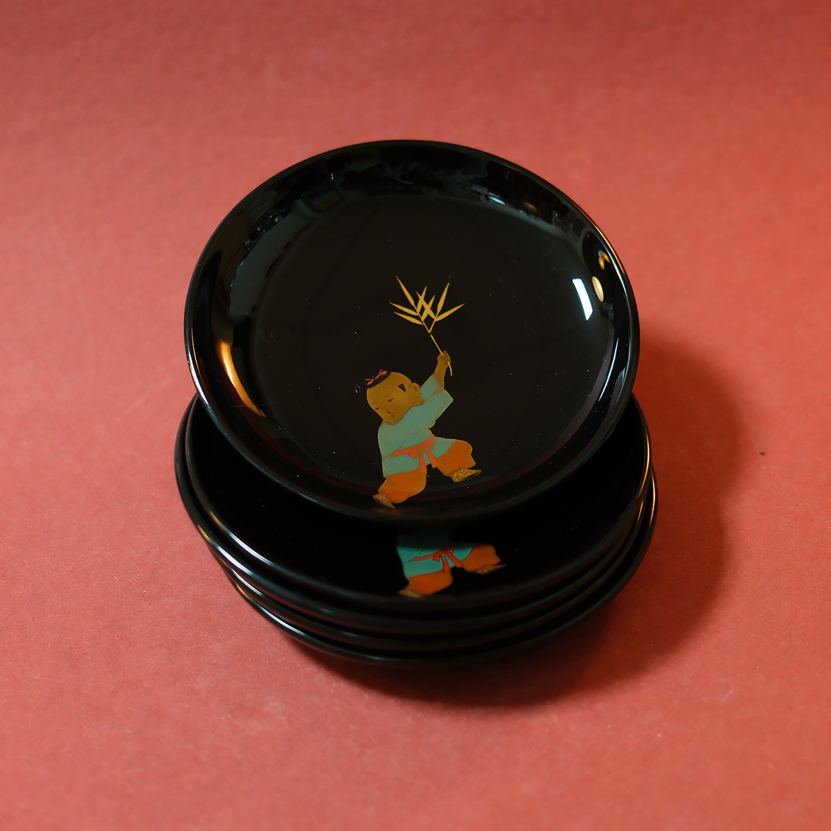 中古日本制实木大漆轮岛涂金莳绘嬉戏童子茶托盘 点心盘