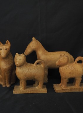 双子商店 孤品中古日本制手工木雕生肖狗马装饰摆件