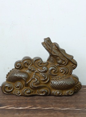 双子商店 孤品中古日本制手工陶刻柴烧生肖龙招福装饰干支摆件