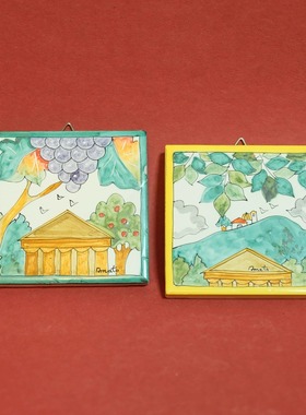 双子商店 孤品中古意大利制彩色手绘风景陶瓷装饰挂画 手绘陶板画