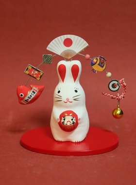 双子商店 孤品中古日本制陶制手工彩绘兔子达摩招福开运摆件