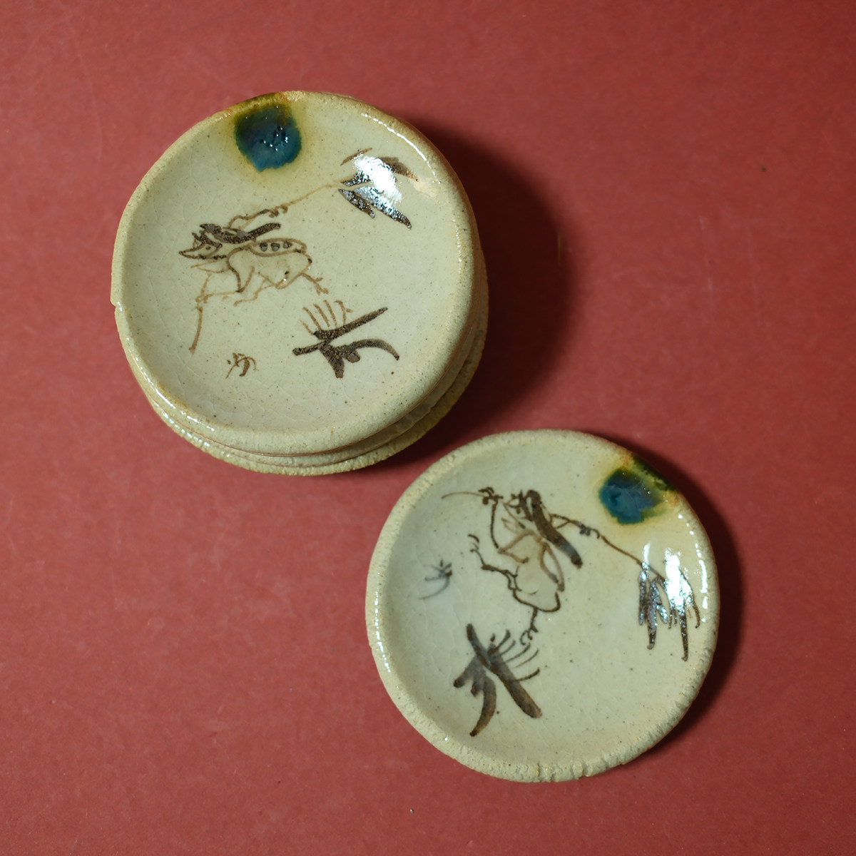 中古日本制职人手造陶捏手绘趣味河童丸押茶托 小碟子