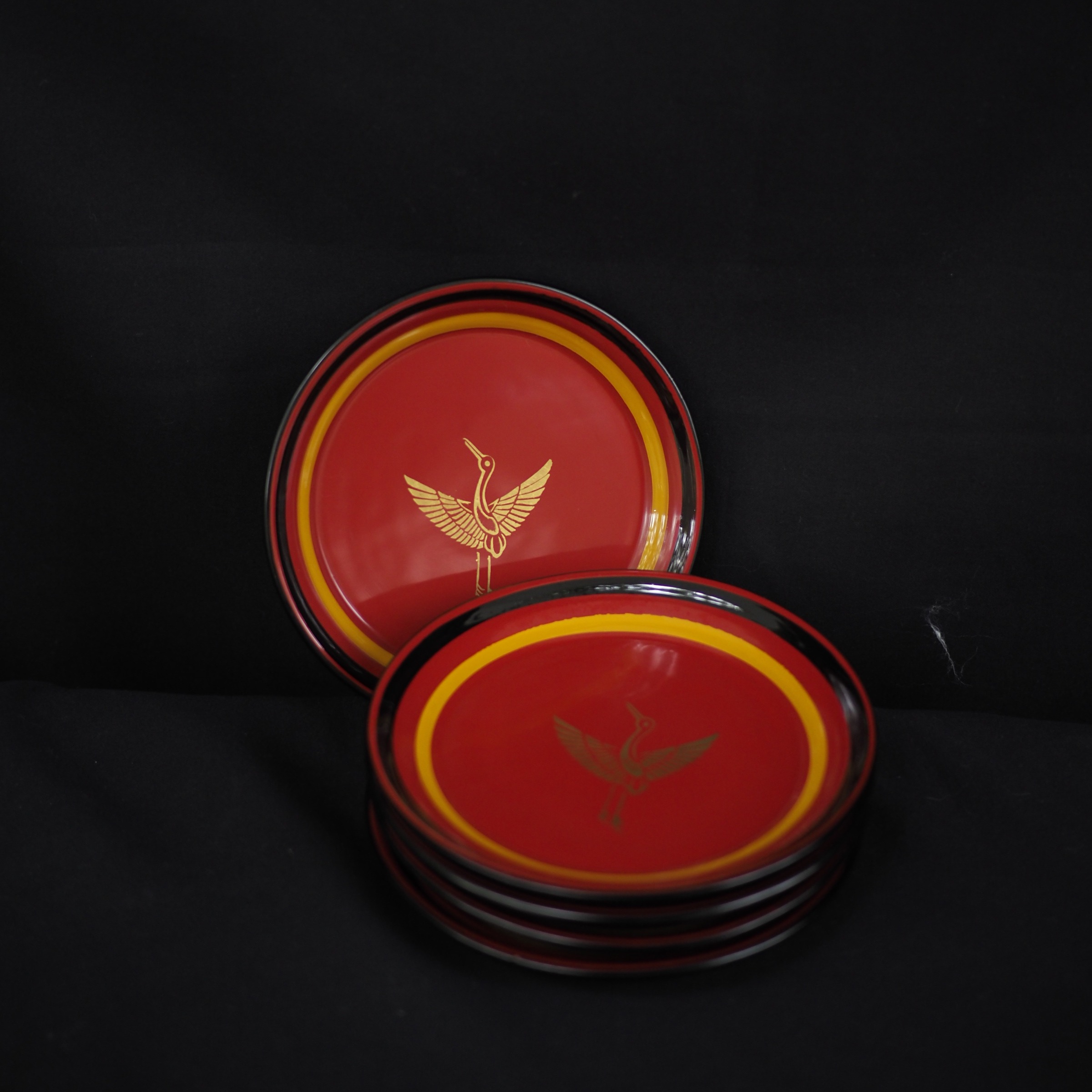 双子商店 中古日本制实木大漆金绘鹤纹朱涂茶盘 壶承杯垫