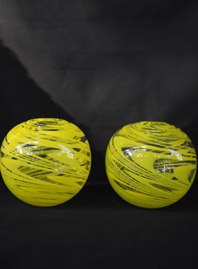 双子商店 中古日本制手作黄色流动纹球形玻璃花瓶 插花花器