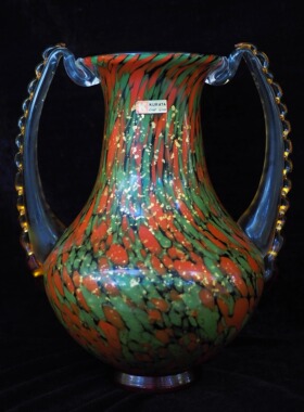 孤品中古日本制KURATA手作彩色洒金双耳琉璃花瓶 花器摆件