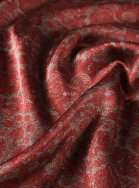 亲肤不透 复古暗红色图腾印花丝滑光泽仿真丝缎面旗袍连衣裙面料
