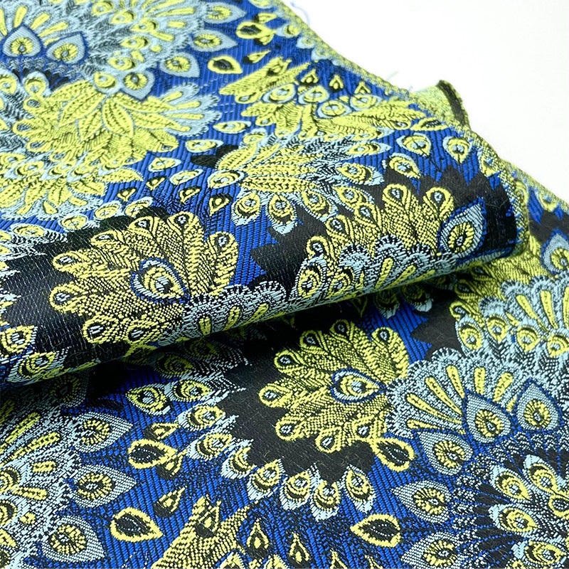 布艺岛 蓝绿撞色孔雀羽毛花纹偏硬微廓涤棉提花面料 古装裙子布料