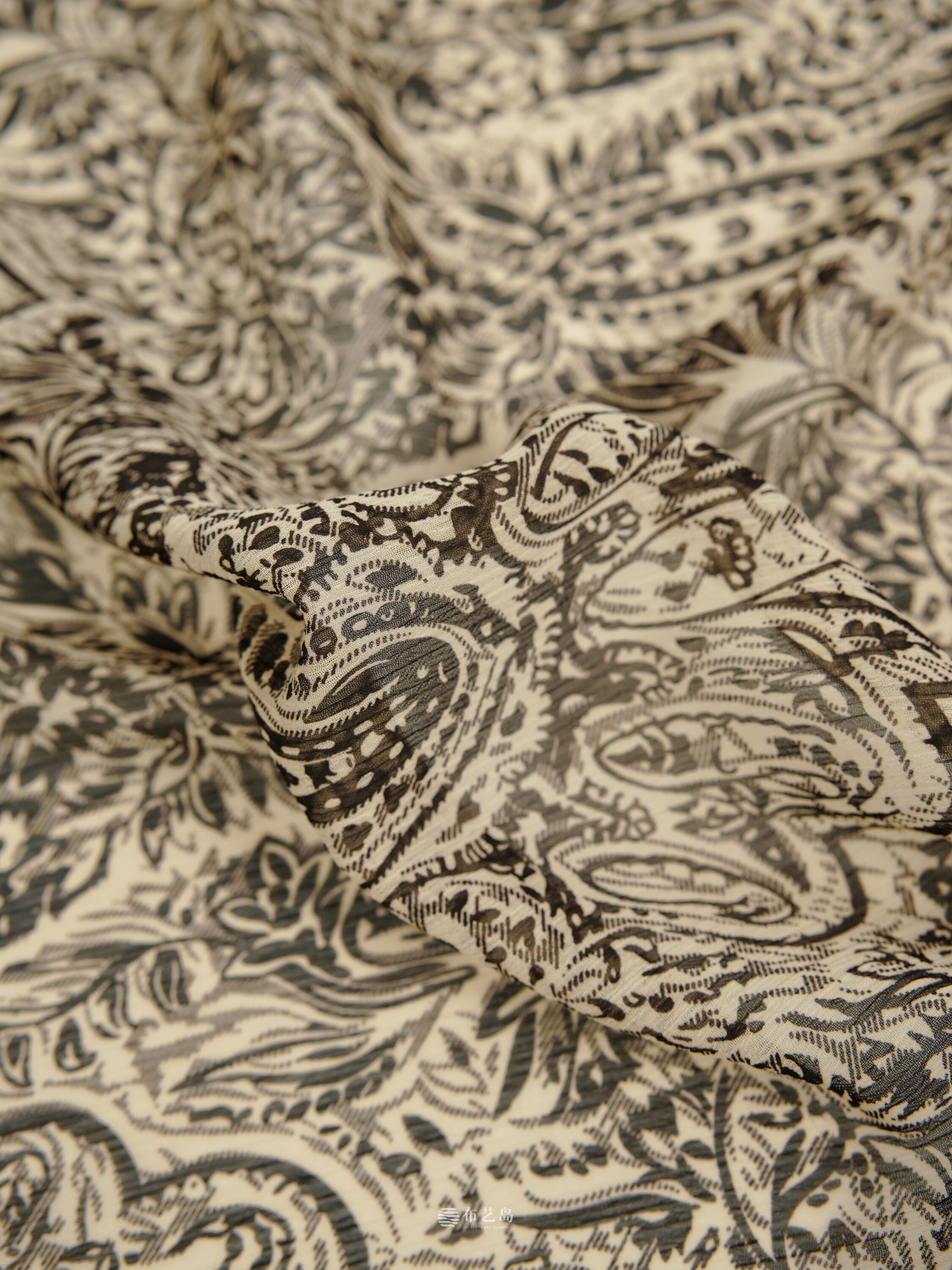 A lightweight chiffon fabric shirt and pants with flowing and elegant retro brown prints, designed by a fashion designer thumbnail 3