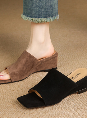 夏季新款方头女鞋坡跟厚底凉鞋全真皮一字拖鞋低跟外穿凉拖慵懒风