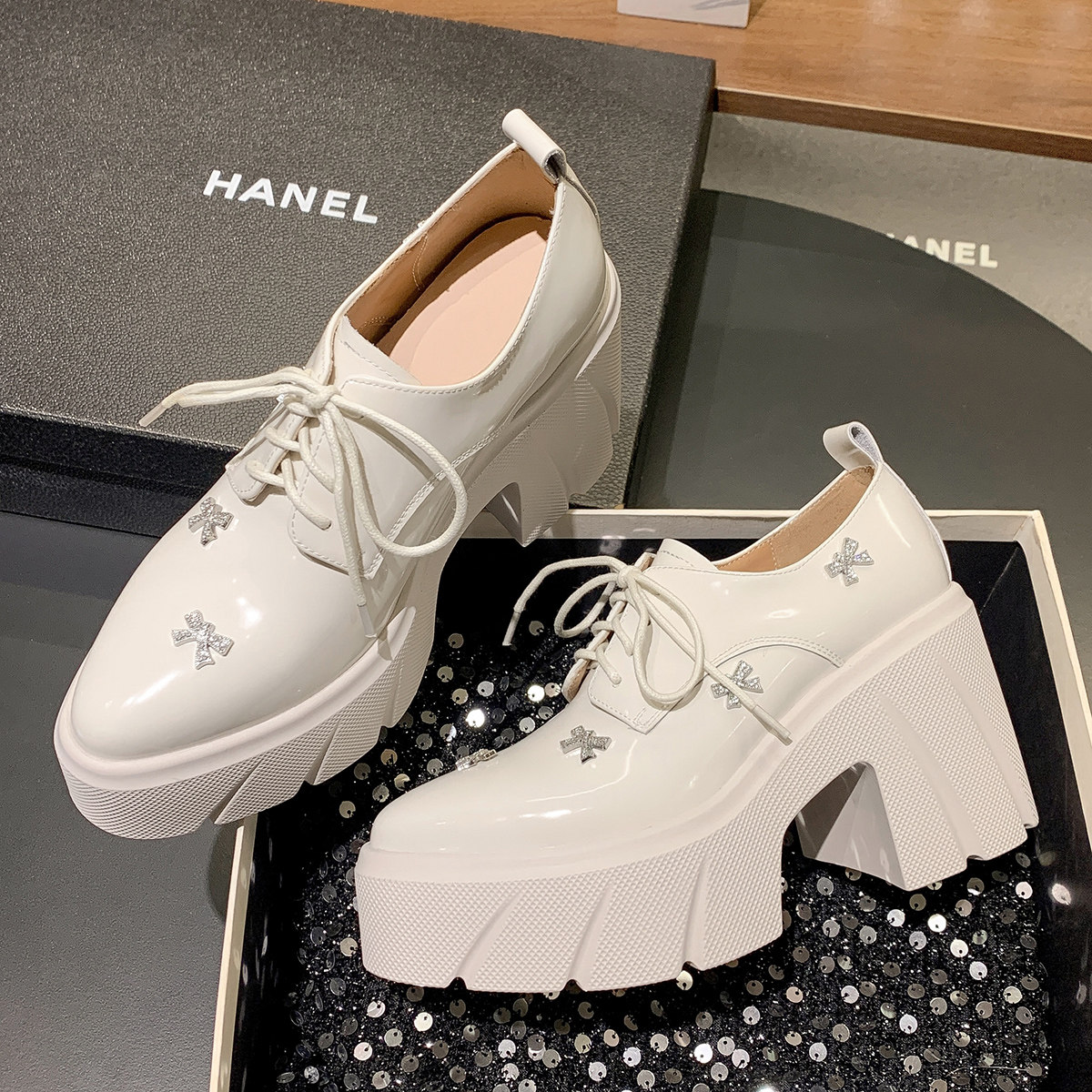 厚底增高女鞋真皮单鞋绑带英伦休闲鞋松糕跟尖头四季鞋粗跟乐福鞋