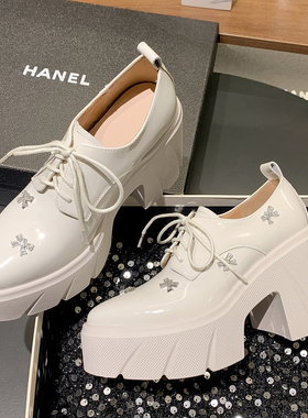 厚底增高女鞋真皮单鞋绑带英伦休闲鞋松糕跟尖头四季鞋粗跟乐福鞋