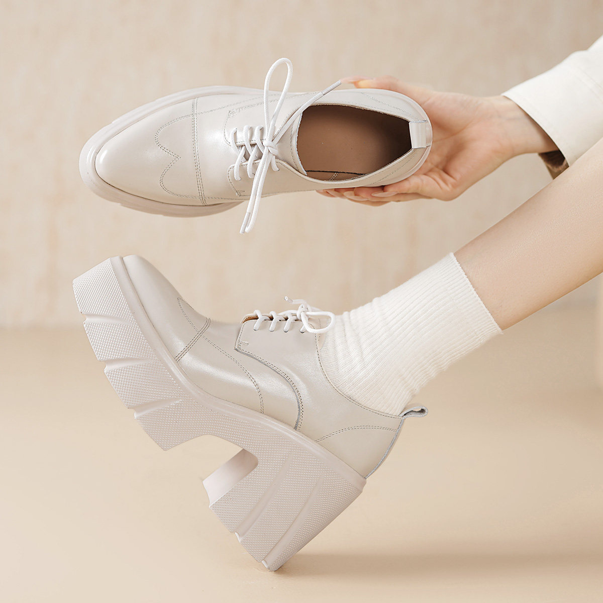 厚底增高女鞋全真皮单鞋绑带英伦休闲鞋松糕尖头四季鞋粗跟乐福鞋